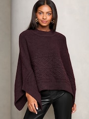 Lipsy Burgundy Red Super Soft Cable Design Poncho - Image 1 of 4