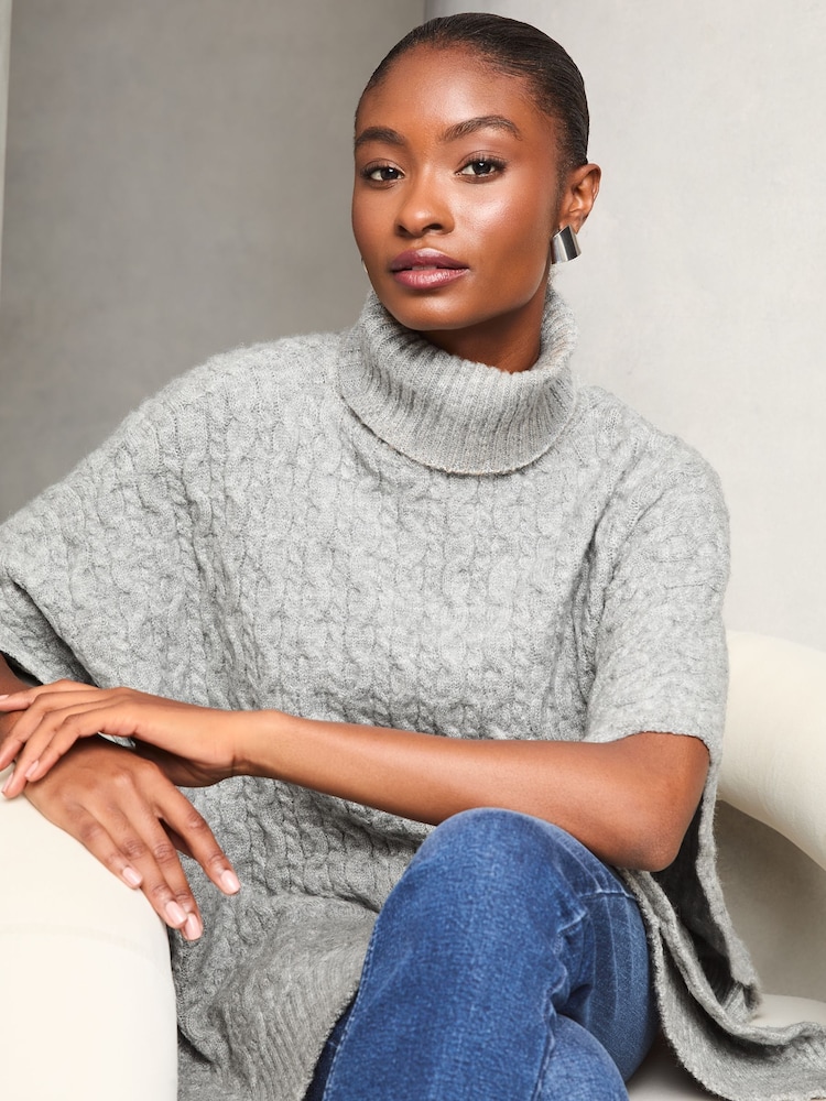 Lipsy Grey Cosy High Neck Cable Poncho - Image 2 of 4