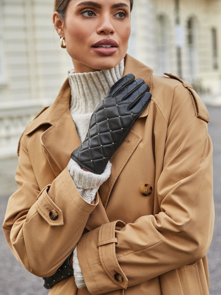 Lipsy Black Leather Quilted Studded Gloves - Image 2 of 4