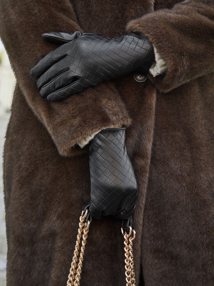 Lipsy Black Faux Leather Weave Gloves - Image 1 of 4 Lipsy Black Faux Leather Weave Gloves - Image 1 of 4