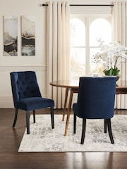 Set of 2 Fine Chenille Navy Wolton Black Leg Collection Luxe Button Dining Chairs - Image 1 of 8
