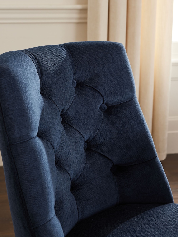 Set of 2 Fine Chenille Navy Wolton Black Leg Collection Luxe Button Dining Chairs - Image 2 of 8