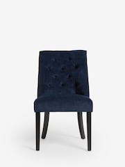 Set of 2 Fine Chenille Navy Wolton Black Leg Collection Luxe Button Dining Chairs - Image 3 of 8