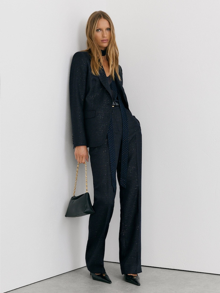 Reiss Navy Anneleise Petite Sequin-Detail Wide-Leg Woven Trousers - Image 1 of 8 Reiss Navy Anneleise Petite Sequin-Detail Wide-Leg Woven Trousers - Image 1 of 8