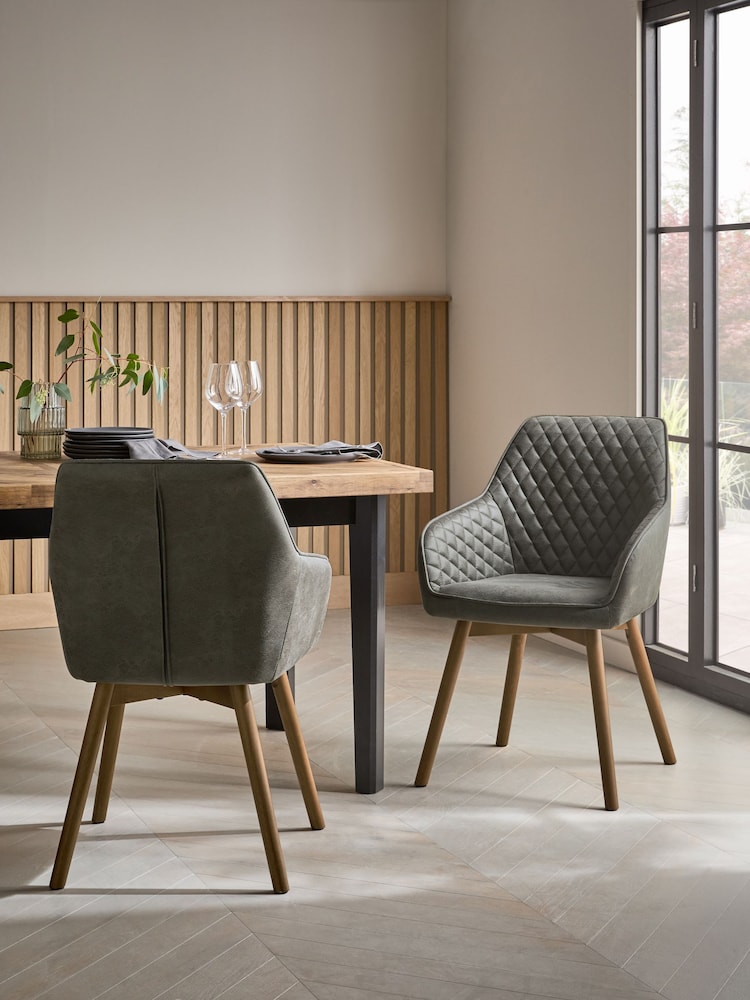 Set of 2 Monza Faux Leather Dark Grey Hamilton Dark Wood Leg Quilted Dining Chairs - Image 1 of 9