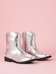 Lipsy Silver Metallic Star Flat Faux Leather Party Western Cowboy Ankle Boot - Image 1 of 4