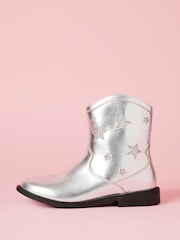 Lipsy Silver Metallic Star Flat Faux Leather Party Western Cowboy Ankle Boot - Image 2 of 4