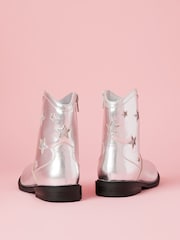Lipsy Silver Metallic Star Flat Faux Leather Party Western Cowboy Ankle Boot - Image 4 of 4