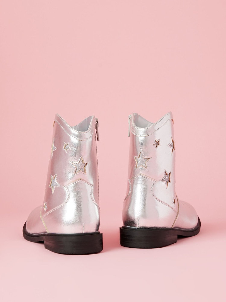 Lipsy Silver Metallic Star Flat Faux Leather Party Western Cowboy Ankle Boot - Image 4 of 4