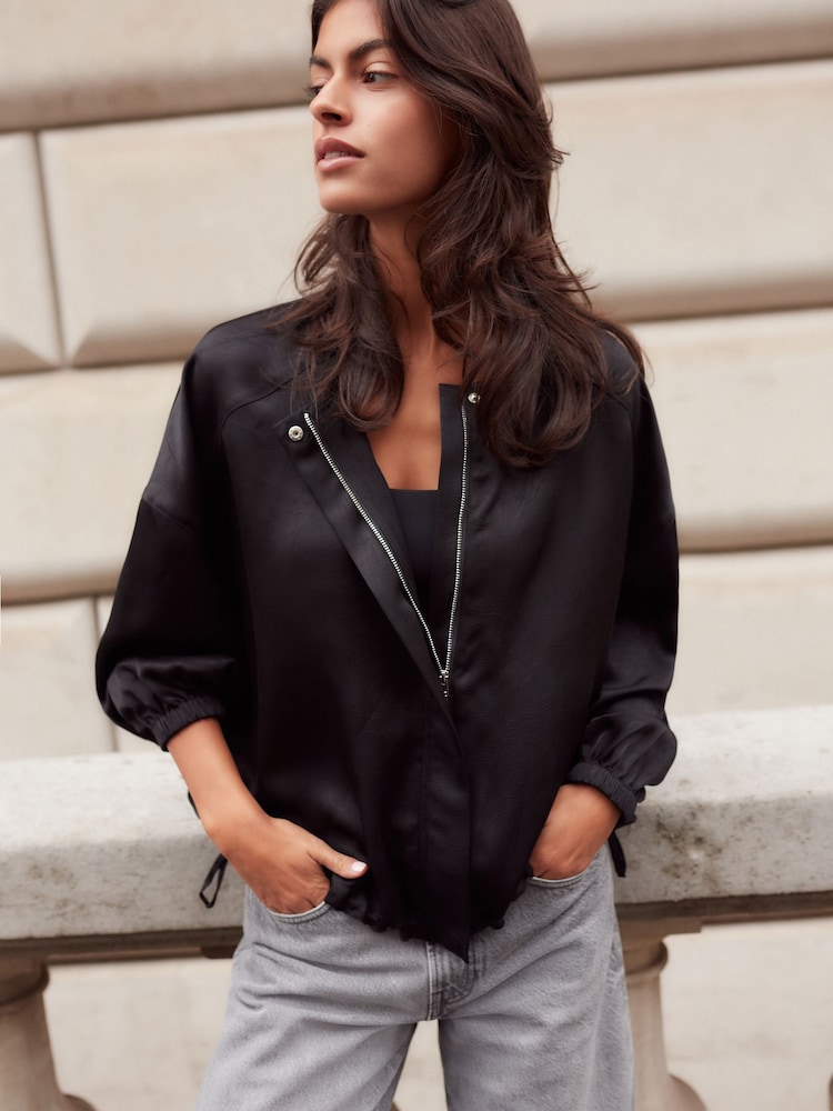Black Satin Bomber Jacket - Image 1 of 8