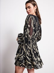 Black/Gold Mini Wrap Ruffle Dress - Image 2 of 8