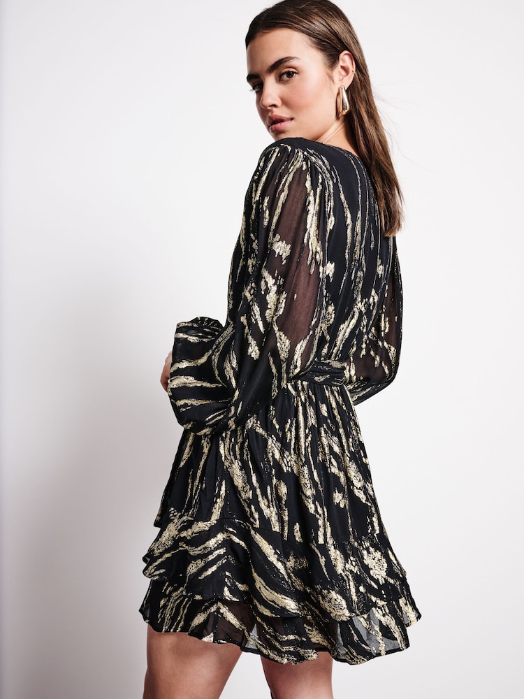Black/Gold Mini Wrap Ruffle Dress - Image 2 of 8
