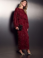 Red Wine Long Sleeve Tie Waist Sparkle Maxi Dress - Image 2 of 4