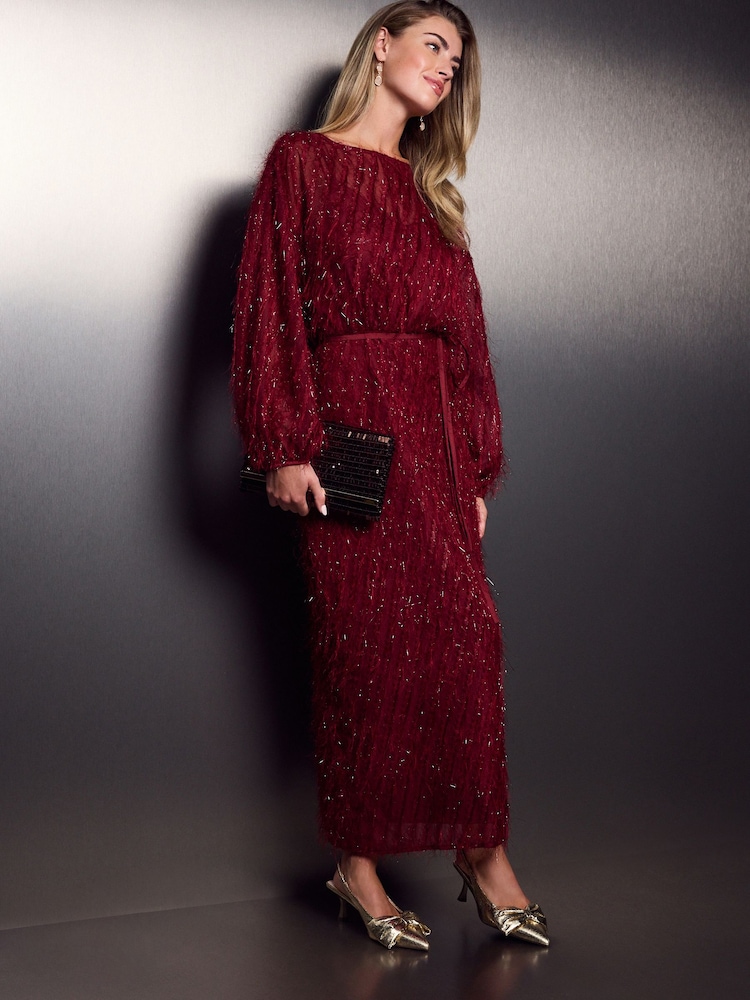 Red Wine Long Sleeve Tie Waist Sparkle Maxi Dress - Image 2 of 4