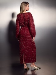 Red Wine Long Sleeve Tie Waist Sparkle Maxi Dress - Image 3 of 4
