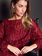 Red Wine Long Sleeve Tie Waist Sparkle Maxi Dress - Image 4 of 4