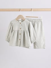 White Grid Print Woven Long Sleeve Top and Wide Leg Trousers Set (0mths-2yrs) - Image 1 of 16
