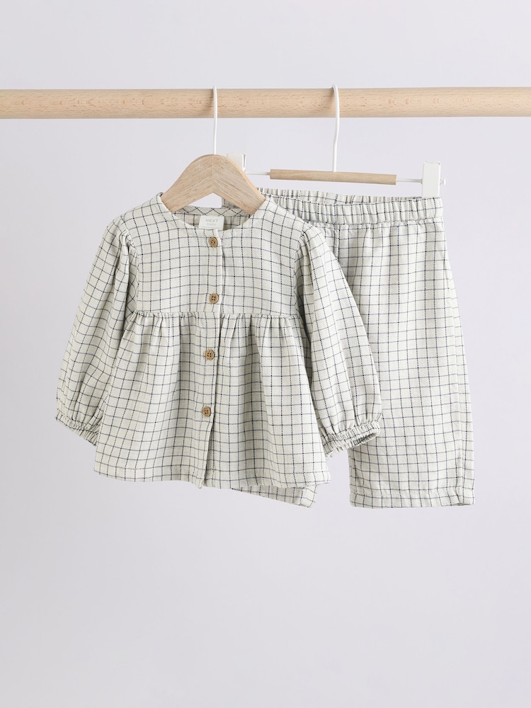 White Grid Print Woven Long Sleeve Top and Wide Leg Trousers Set (0mths-2yrs) - Image 1 of 16