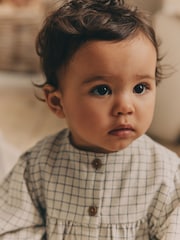 White Grid Print Woven Long Sleeve Top and Wide Leg Trousers Set (0mths-2yrs) - Image 5 of 16