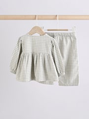 White Grid Print Woven Long Sleeve Top and Wide Leg Trousers Set (0mths-2yrs) - Image 9 of 16