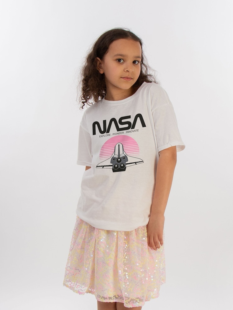 Brands In White 100% Cotton NASA Space Shuttle Sunset Girls T-Shirt - Image 1 of 3