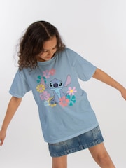 Brands In Blue 100% Cotton Lilo And Stitch Flowers Girls Baby T-Shirt - Image 1 of 3