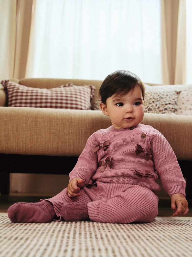 Pink 3D Bows Baby Knitted 100% Cotton Jumper and Leggings Set (0mths-2yrs) - Image 1 of 4