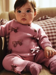 Pink 3D Bows Baby Knitted 100% Cotton Jumper and Leggings Set (0mths-2yrs) - Image 3 of 4