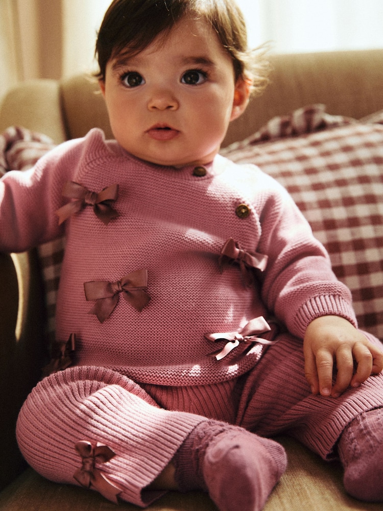 Pink 3D Bows Baby Knitted 100% Cotton Jumper and Leggings Set (0mths-2yrs) - Image 3 of 4