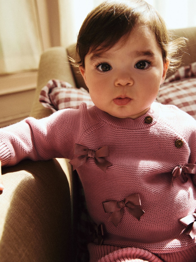Pink 3D Bows Baby Knitted 100% Cotton Jumper and Leggings Set (0mths-2yrs) - Image 4 of 4