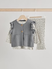 Grey Leopard Print Baby 100% Cotton Long Sleeve Top Knitted Waistcoat and Leggings Set 3 Piece (0mths-2yrs) - Image 1 of 17