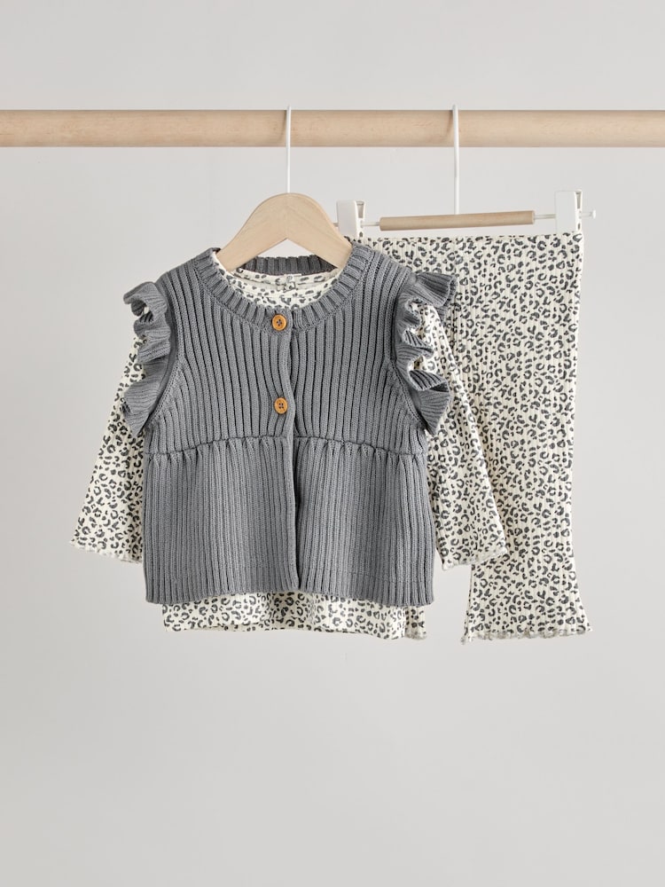 Grey Leopard Print Baby 100% Cotton Long Sleeve Top Knitted Waistcoat and Leggings Set 3 Piece (0mths-2yrs) - Image 1 of 17