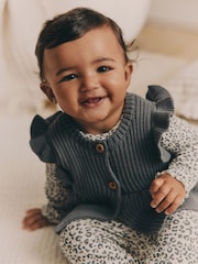 Grey Leopard Print Baby 100% Cotton Long Sleeve Top Knitted Waistcoat and Leggings Set 3 Piece (0mths-2yrs) - Image 4 of 17
