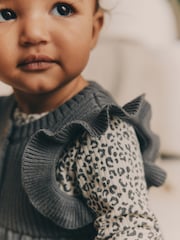 Grey Leopard Print Baby 100% Cotton Long Sleeve Top Knitted Waistcoat and Leggings Set 3 Piece (0mths-2yrs) - Image 5 of 17