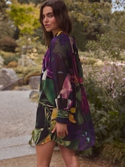 Purple Floral Print Kew Collection Long Sleeve Tie Neck Mini Dress - Image 2 of 7