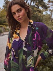 Purple Floral Print Kew Collection Long Sleeve Tie Neck Mini Dress - Image 3 of 7