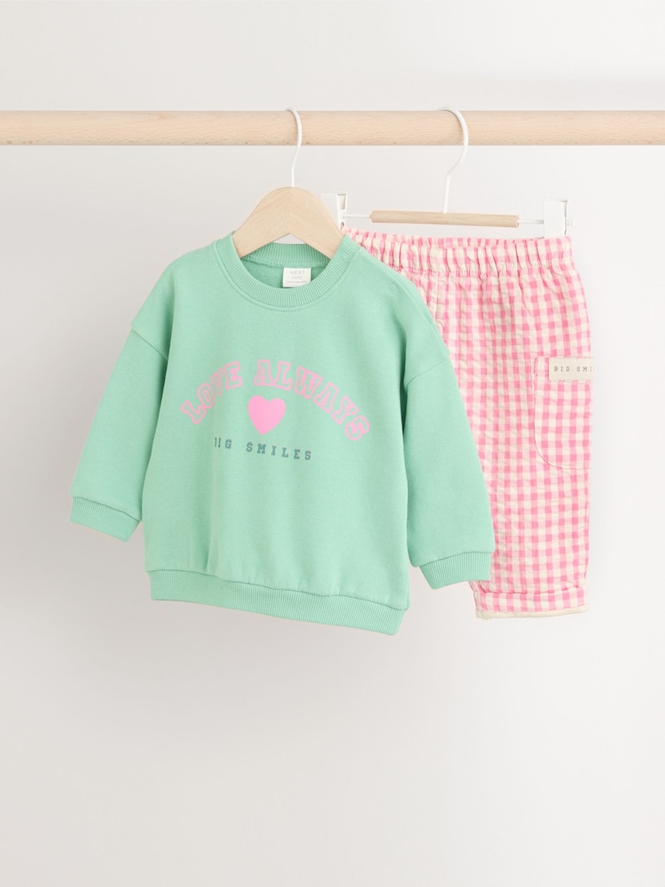 Green/Pink Gingham Baby Sweat Jumper and Woven Trousers Set - Image 1 of 10