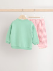Green/Pink Gingham Baby Sweat Jumper and Woven Trousers Set - Image 2 of 10