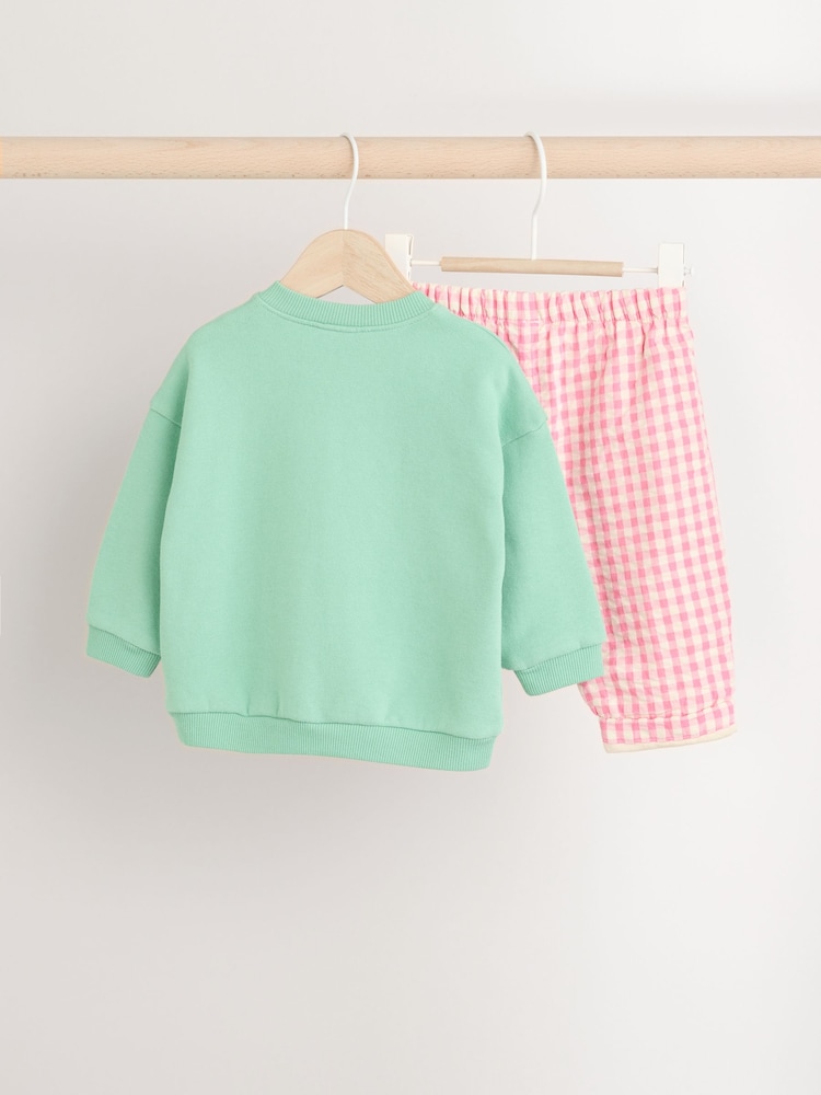 Green/Pink Gingham Baby Sweat Jumper and Woven Trousers Set - Image 2 of 10