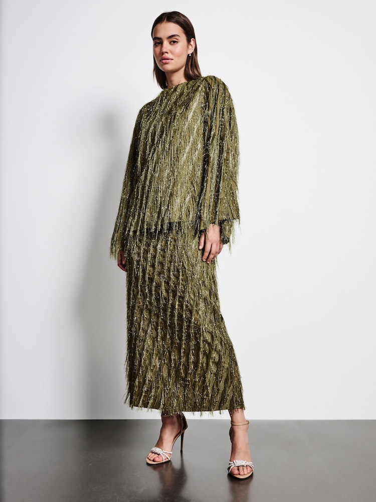 Green Sparkle Fringe Maxi Skirt - Image 2 of 8