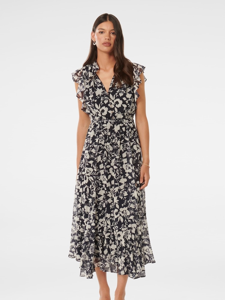 Forever New Black Maxine Ruffle Sleeves Midi Dress - Image 1 of 4