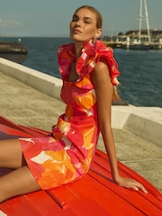 Forever New Orange Pure Linen Mackenzie Ruffle Sleeves Mini Dress - Image 1 of 5