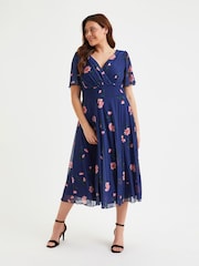 Scarlett & Jo Navy Blue Victoria Angel Sleeve Mesh Midi long Dress - Image 1 of 4