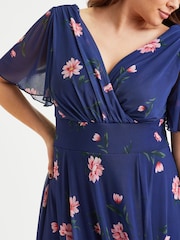 Scarlett & Jo Navy Blue Victoria Angel Sleeve Mesh Midi long Dress - Image 4 of 4