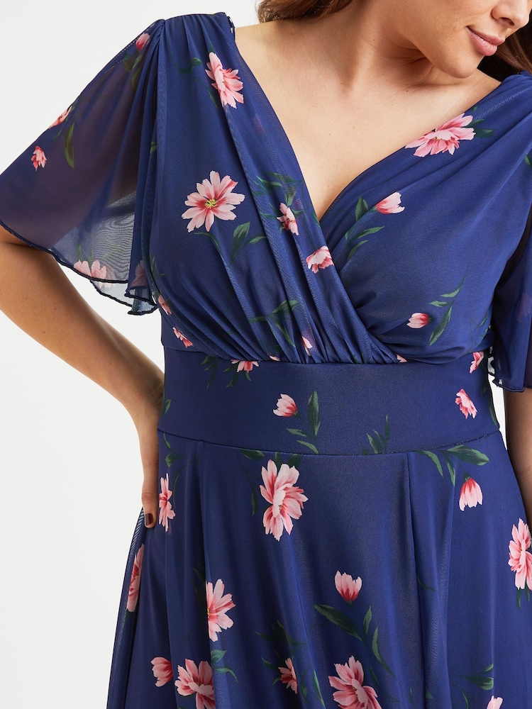 Scarlett & Jo Navy Blue Victoria Angel Sleeve Mesh Midi long Dress - Image 4 of 4