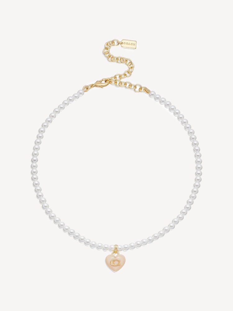COACH Gold Tone Signature Heart Pearl Choker Necklace - Image 1 of 4 COACH Gold Tone Signature Heart Pearl Choker Necklace - Image 1 of 4