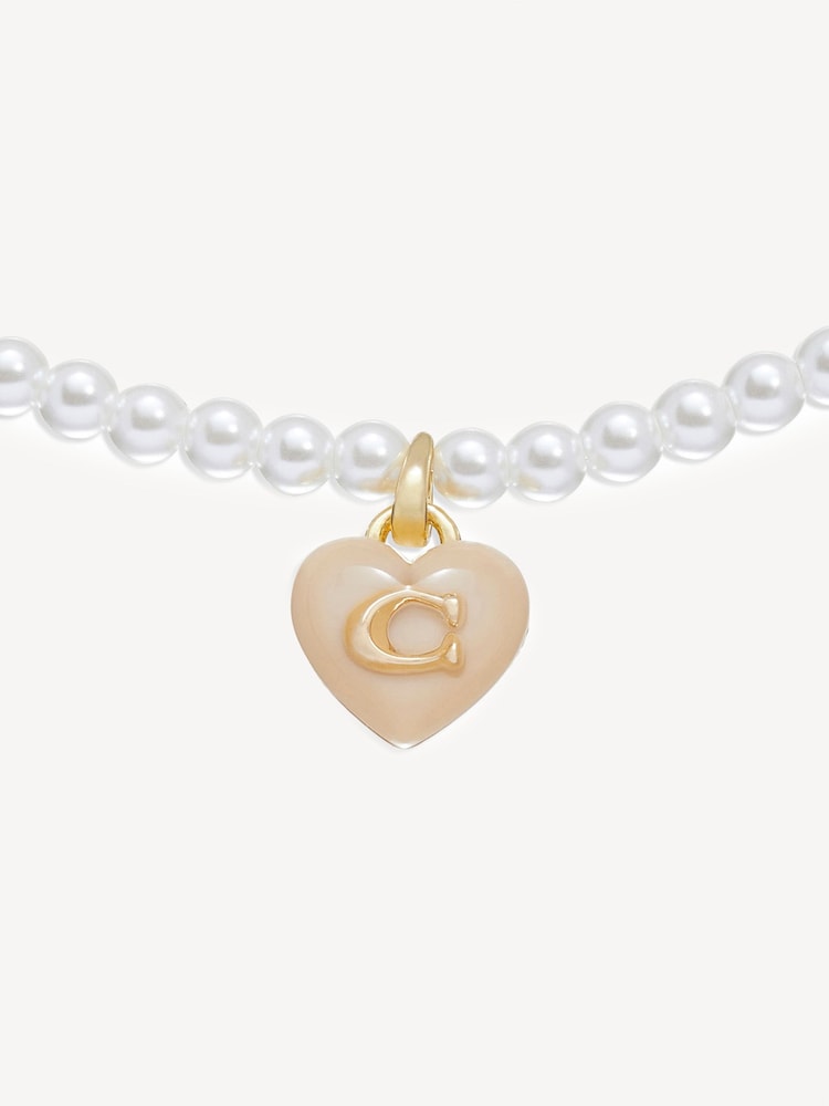 COACH Gold Tone Signature Heart Pearl Choker Necklace - Image 2 of 4 COACH Gold Tone Signature Heart Pearl Choker Necklace - Image 2 of 4