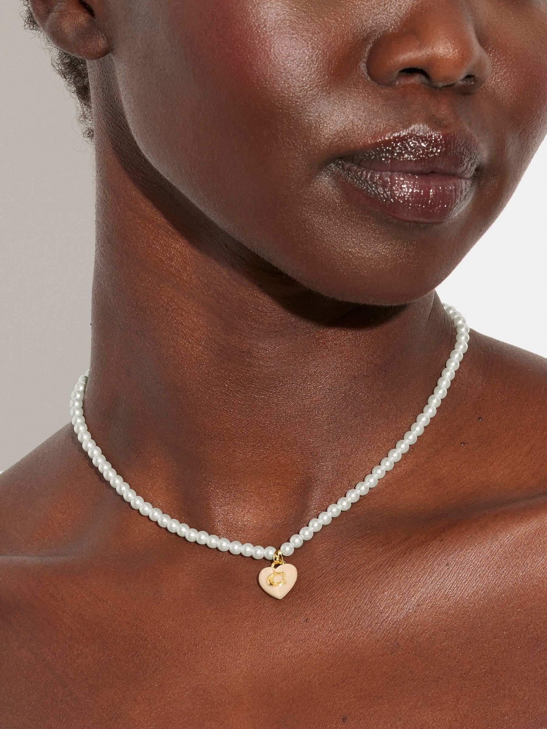 Buy COACH Gold Tone Signature Heart Pearl Choker Necklace from