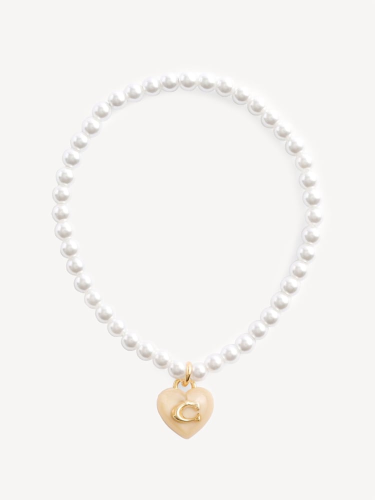 COACH Gold Signature Heart Charm Pearl Bracelet - Image 2 of 3 COACH Gold Signature Heart Charm Pearl Bracelet - Image 2 of 3