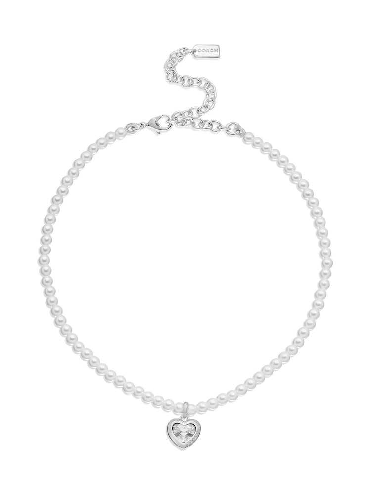 COACH Silver Tone Stone Heart Pearl Choker Necklace - Image 1 of 3